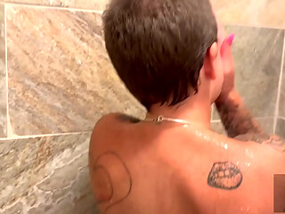 Shower BJ ends in cum facial cum swallowing