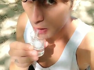 Spitting Guys Thick Cum to the Glass and Having It Again After Blowjob Outdoor