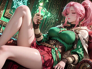 Deep squat teasing under the giant magic array, green battle gear stretched tight.
