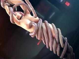 Extraterrestrial tentacles gang-fucking a big-boobed slut