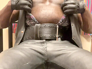 Black Muscle Leather Tit Pump and Play