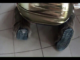 Golden Dress, Fur & Smoking Hairy Pussy, Deep Blowjob & Hard Doggy on a Freezer