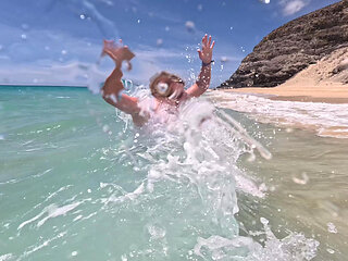 Girl Wetting Jeans in the Ocean and Swimming in Wet White T-shirt