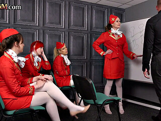 Uniformed CFNM cuties give a blowjob