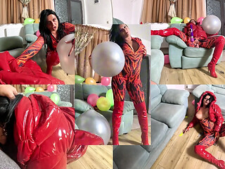 Dominant Red MILF in Balloon Humiliation with Dildo Riding