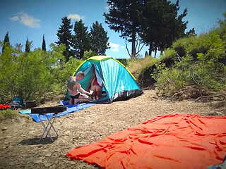 Blonde Wife Got Brutally Fucked by Two Guys in a Tent - Amateur Gangbang with Facial