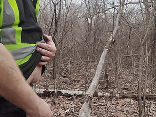 Fat guy jerking & cumming in forrest pt. 12