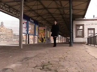 Hot girl in shorts gives blowjob at the train station