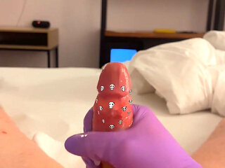 Purple tight latex glove masturbation until cumshot