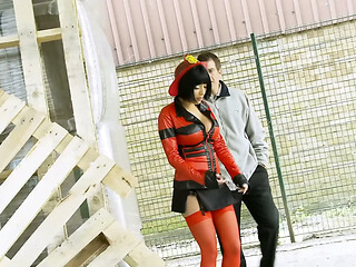 Busty Ebony in Red Pvc and Red Stockings - Black Bob Beauty Fucked Hard by the Pallets