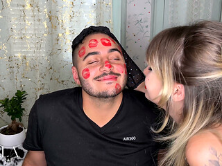 Red Lipstick Kisses Cover His Entire Face