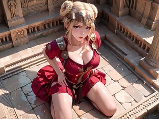 Red Armor Queen! Gaze in the Roman Corridor, Skirt Lift Reveal, Hand on Lips Teasing You...