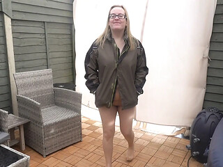 Flashing in the Yard in Tan Pantyhose and Coat