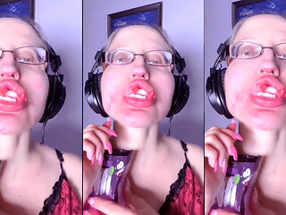 Asmr Teeth Candy Eating - Asmr, Eye Glasses, Gianess, Lipstick, Big Lips, Mough, Food, Face Fetish, Long Nails