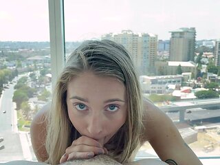 Blonde schoolegirl babe with small boobs does blowjob in pov