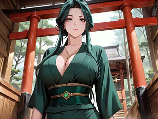 Green-haired Kimono Goddess! Private Tatami Close-up, Lazy Kneeling & Chest Rubs.