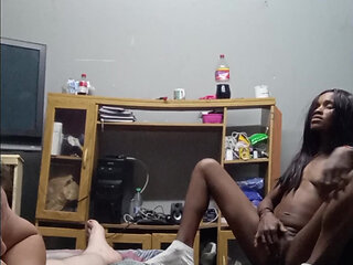 Hot black girl play with pussy while wife suck cock , black girl take over and suck my cock too