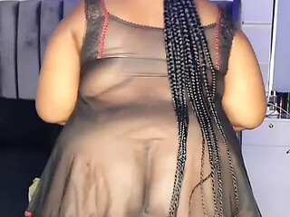 Thick and curvy ebony beauty shows off her lingerie-clad body as she