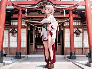 Forbidden Contrast Between Shrine & Bedroom, Wet Secrets Under Red & White Kimono.
