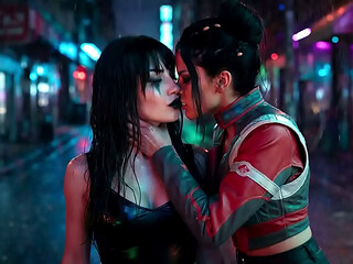 Panam Palmer from Cyberpunk 2077 in a passionate lesbian kissing scene, drooling with Nyx Loops - AI Generated