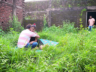 When a couple was getting ready to have sex in the ruins, a guy caught them and then had rough sex with the girl.