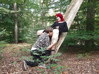 Public Forest Fuck - Hot Redhead Deepthroats Huge Cock in the Woods