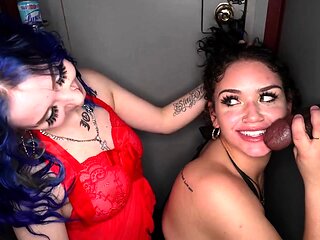 Wild gloryhole interracial sex party with two horny sluts