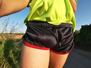 Tight Shiny Sport Shorts Bulging Routine (freeballing Outdoors)