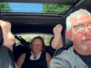 Wife Toys Her Pussy in the Back Seat While Daddy Drives, Road Trip