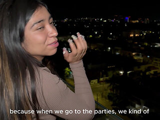 A horny Mexican woman fucks her hot stepbrother on the balcony of their house, flashing her huge breasts in the open air!