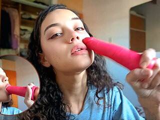 Sexy Latina Sucking a Dildo, Enjoying It Like It's Real