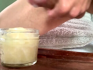 Caught jerking off Filling jar with cum for my slut girlfriend to swallow