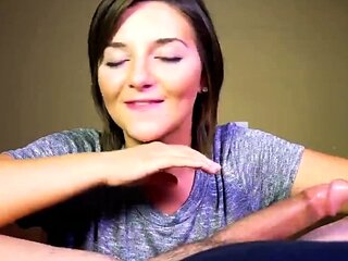 Big tit brunette sucks a big cock POV
