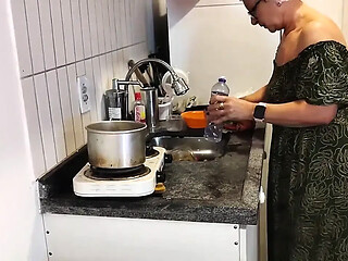 Hot grandma and perverted grandson make love in the kitchen