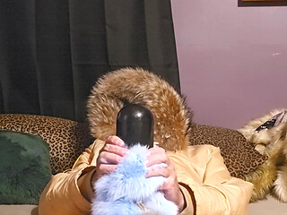 In my big furry hood using penis pump wrapped in furs and tails
