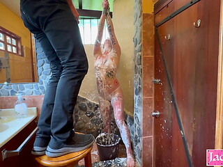 Sub slut tied in bathroom punished with foam spray