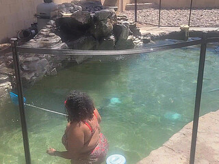 BBW Cleaning Her Pool
