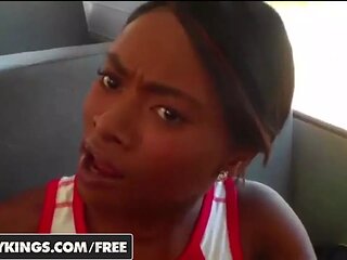 Black cheerleaders in uniform blow and eat on the bus - realitykings