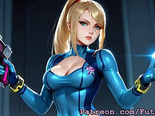 Futanari Samus Aran from Metroid Masturbating