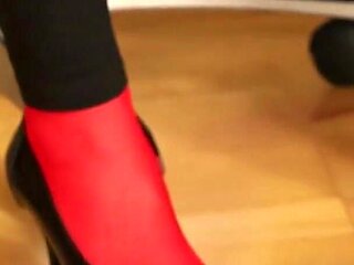 Red Stockings & Stiletto Footplay Under Leggings
