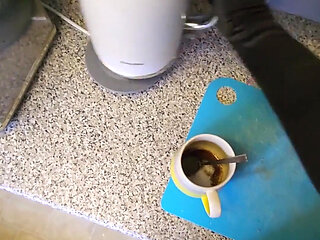 Making a morning cup in hot lingerie