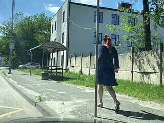 Masturbating with Banana and Eating It on Bus Station in Office Look