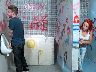 Kinky redhead Billie Rai spies on a hot peeing dude