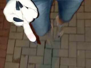 nighttime crossdressing on a public street in 20cm stripper heels, black toes, and black claws