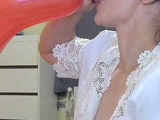 Blow to Pop Big Red Baloon with Nipples Out