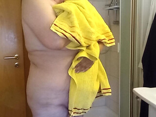 Drying naked in front of the mirror and bending down - POV Style