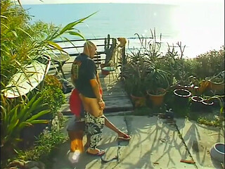 Tattooed black pussy licking fucking in the garden...cum on tits