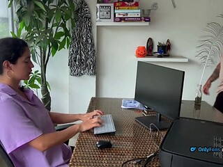 Sex in the office with my secretary wife, she on me!
