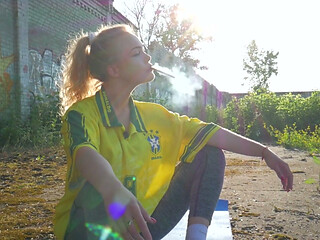 Seductive Russian Babe Smoking Cigarette Outdoor Setting