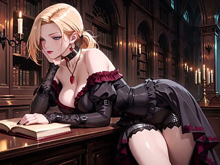 Blonde in a Black Gown Swaying on Red Velvet, Candlelight Gaze and Fan Teasing the Collarbone